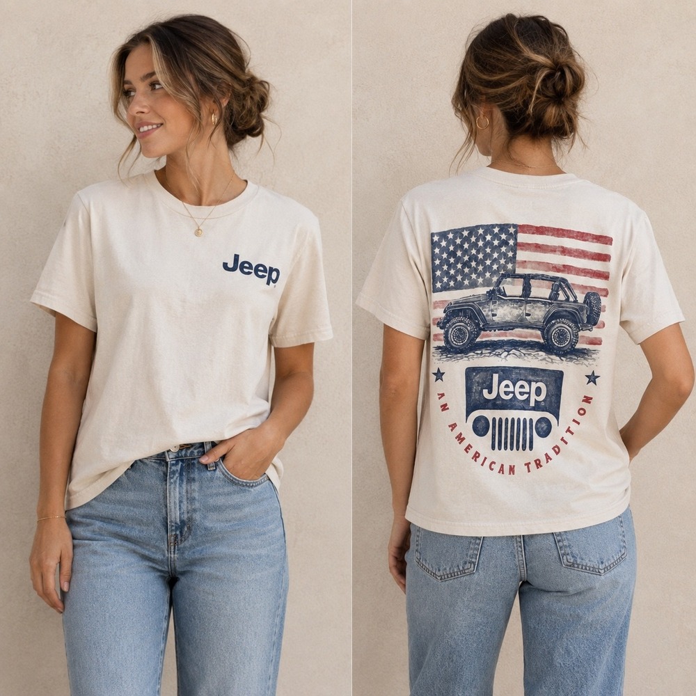 Jeep Graphic Tee American Flag Wrangler Back Print Cream Cotton Size Small